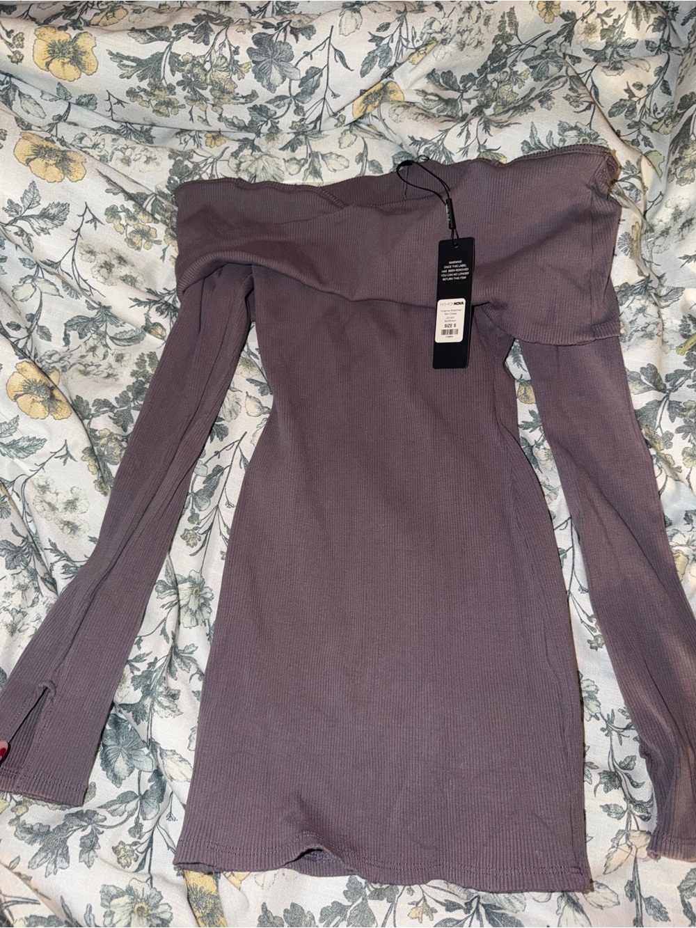 Off-Shoulder Long Sleeve Ribbed Mini Dress - Mauve